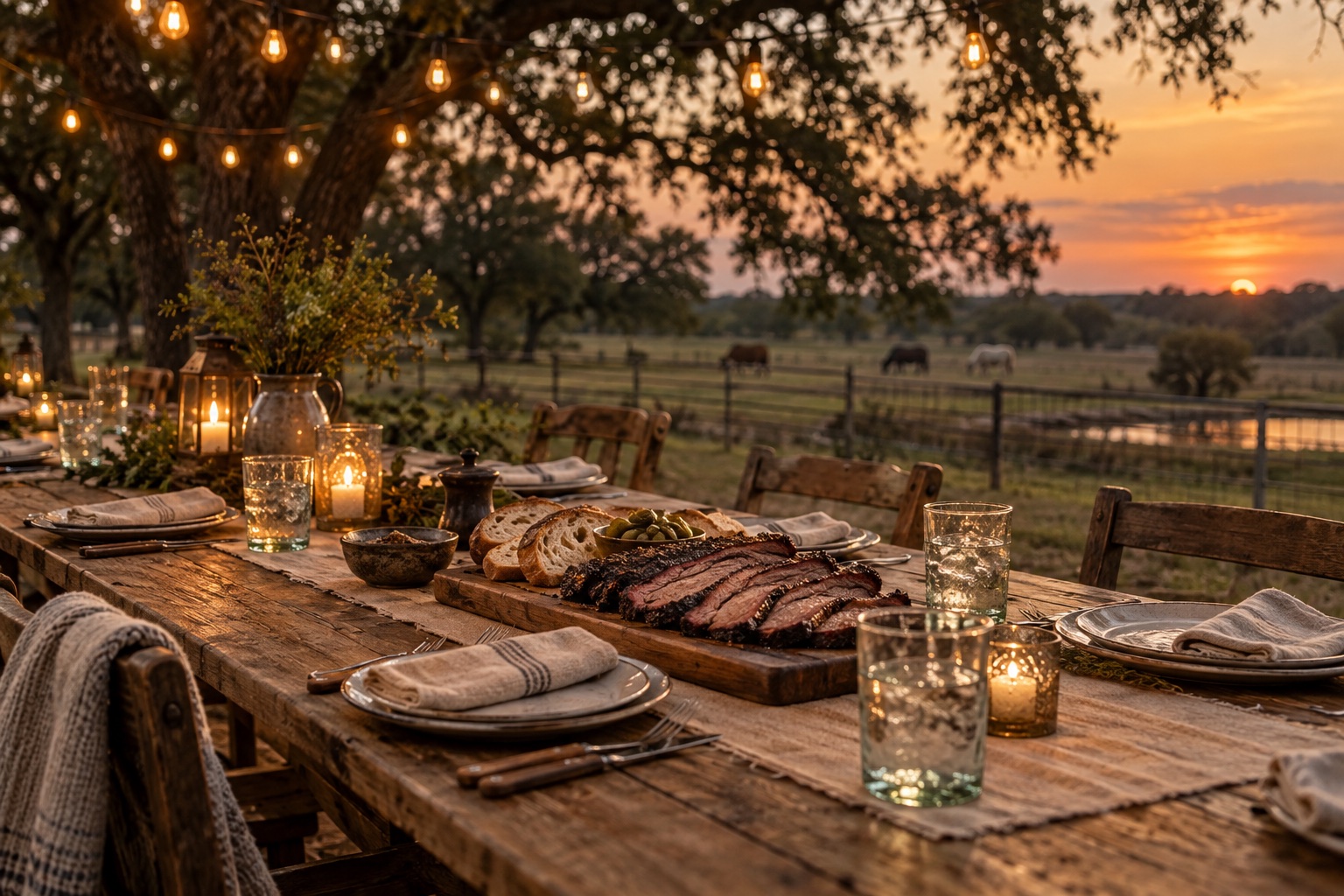 Cena ilustrativa de uma mesa com churrasco ao entardecer no rancho