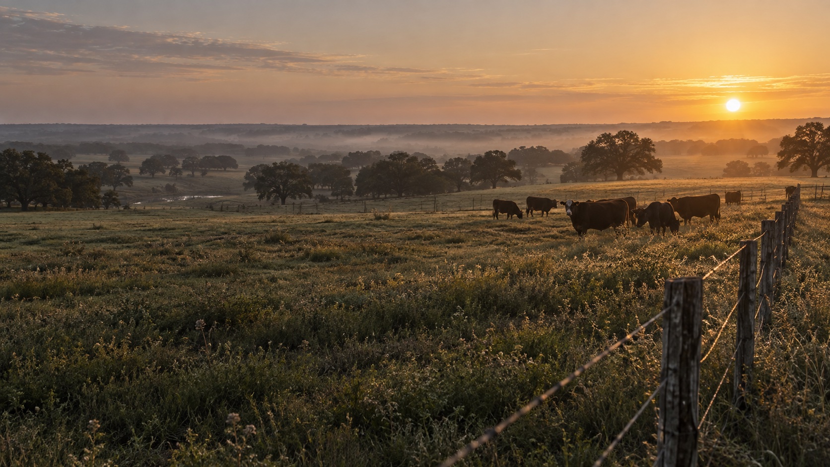 Paisagem ilustrativa de pastagem texana ao amanhecer